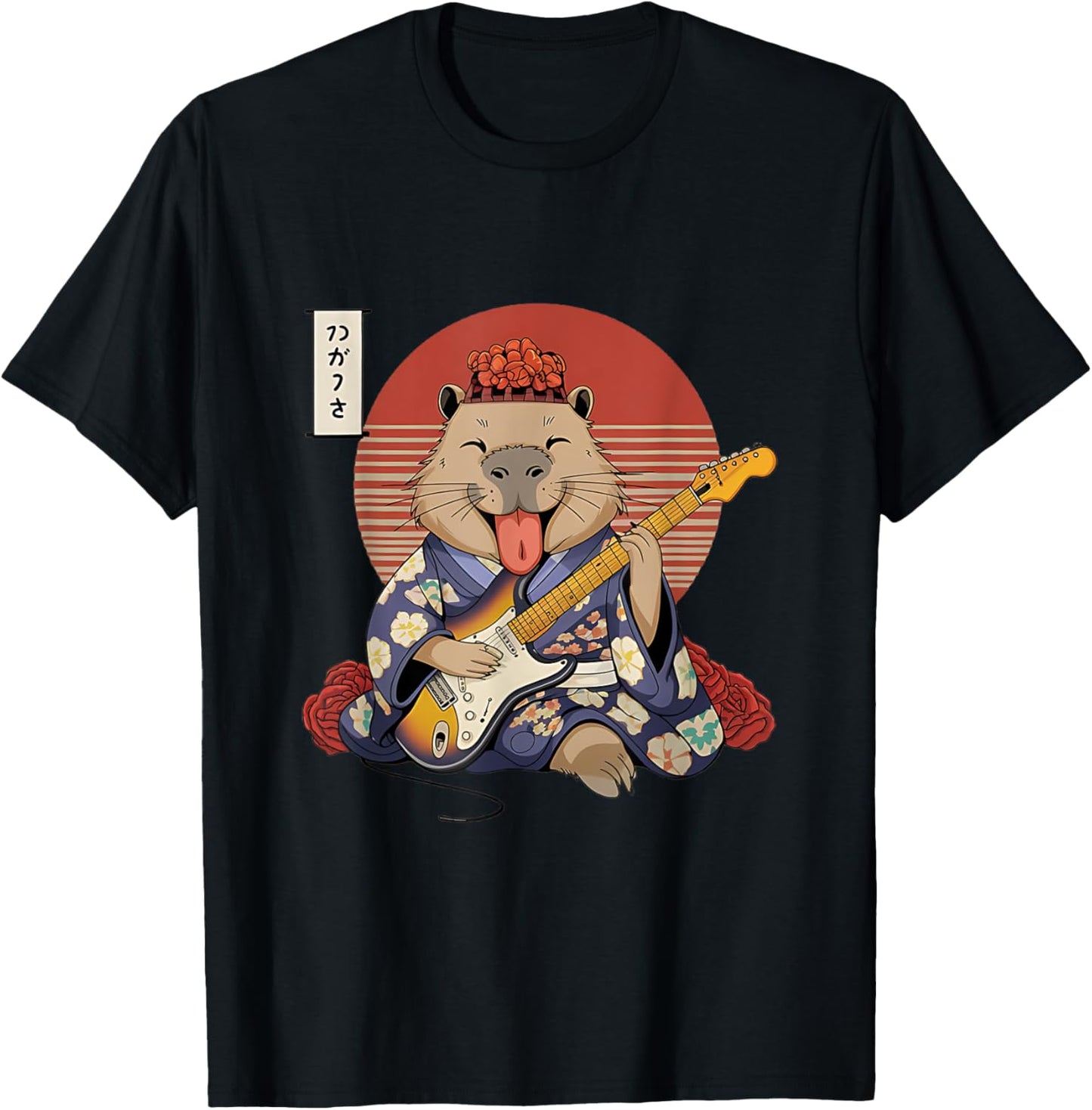 Japanese Samurai Capybara Guitar Kawaii Kimono Manga T-Shirt - T-Shirt | Black