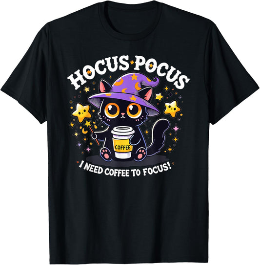 Hocus Pocus I Need Coffee to Focus Funny Kitten T-Shirt - T-Shirt | Black