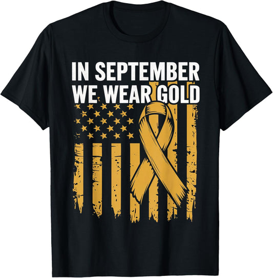 In September We Wear Gold Childhood Cancer Awareness Us Flag T-Shirt - T-Shirt | Black