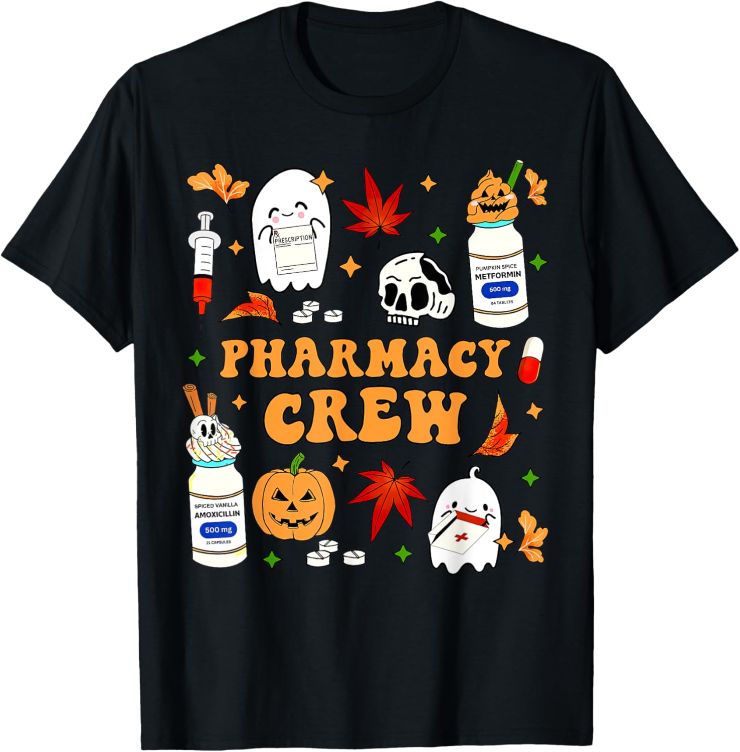 Pharmacy Crew Ghost Pumpkin Fall Pharmacist Tech Halloween T-Shirt - T-Shirt | Black