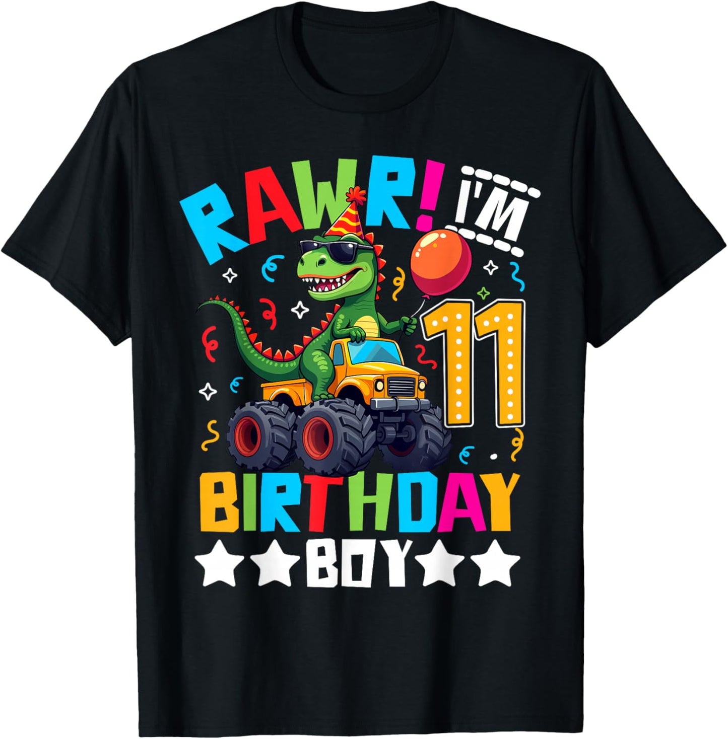 Monster Truck 11th Birthday Shirt Dinosaur Happy Bday T-rex T-Shirt - T-Shirt | Black