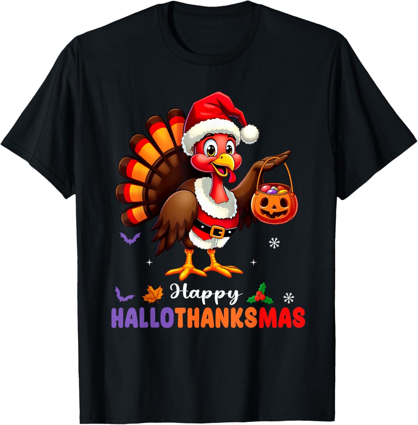 Happy Hallothanksmas Shirt Halloween Thanksgiving Christmas T-Shirt - T-Shirt | Black