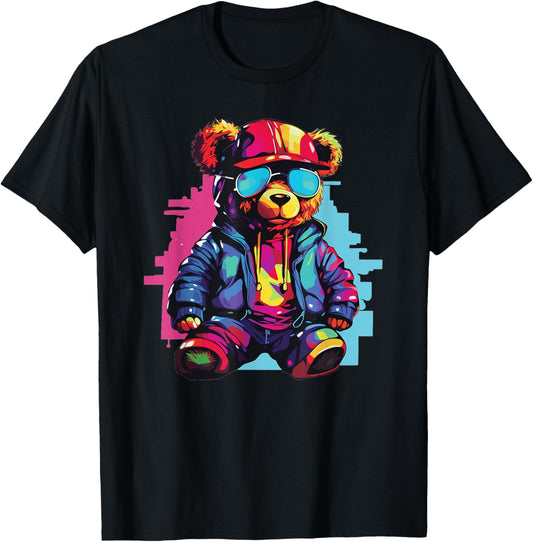 Colorful Teddy Bear With Sunglasses I Kids Teddy T-Shirt - T-Shirt | Black