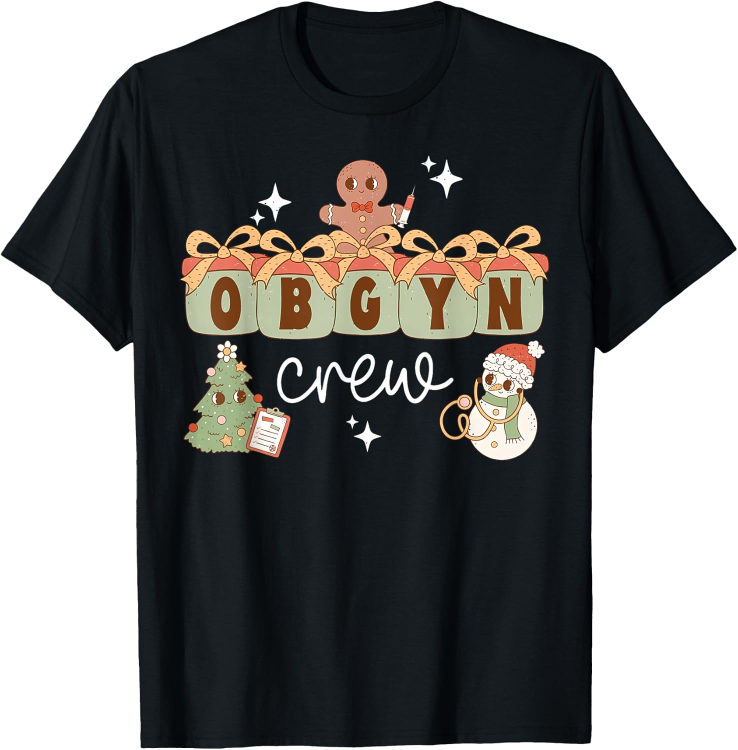 OBGYN Nurse Labor And Delivery Nurse Christmas : Retro OBGYN Crew Obstetrics Team Nursing Team Xmas - Black, Small, -Adults, Short Sleeve T-Shirt - T-Shirt | Black