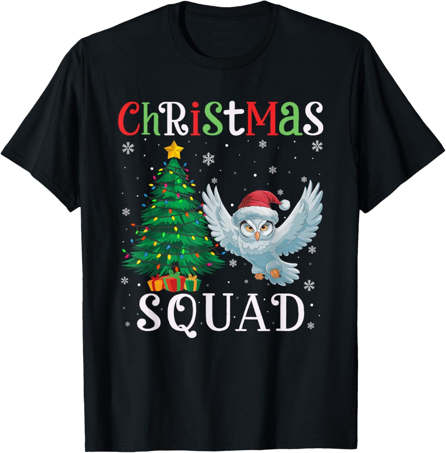 Snowy Owl Squad Boys Girls Kids Christmas Tree Lights T-Shirt - T-Shirt | Black