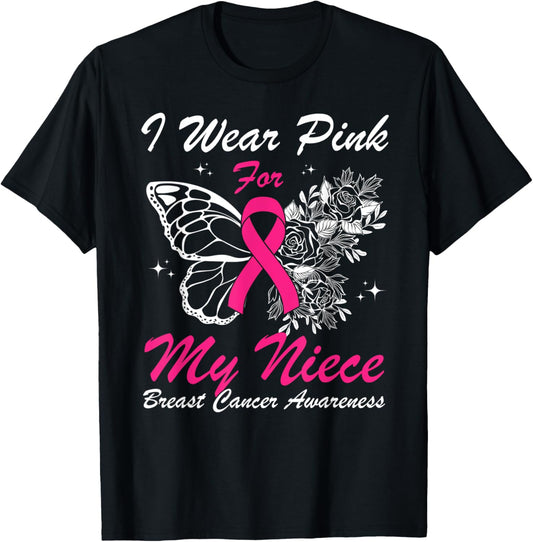 I Wear Pink For My Niece Breast Cancer Awareness Butterfly T-Shirt - T-Shirt | Black