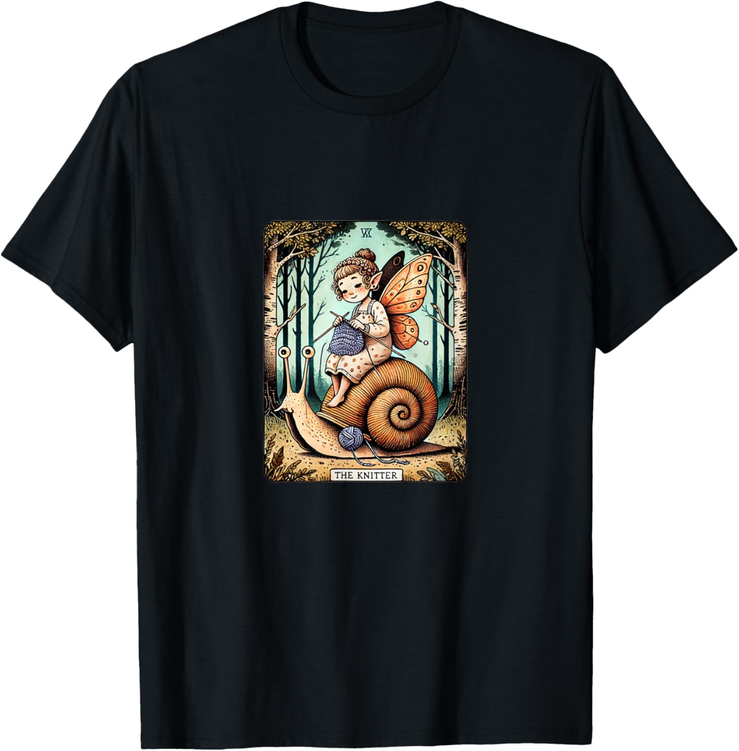 Fairy The Knitter Tarot Card Snail Illustration Knitting T-Shirt - T-Shirt | Black