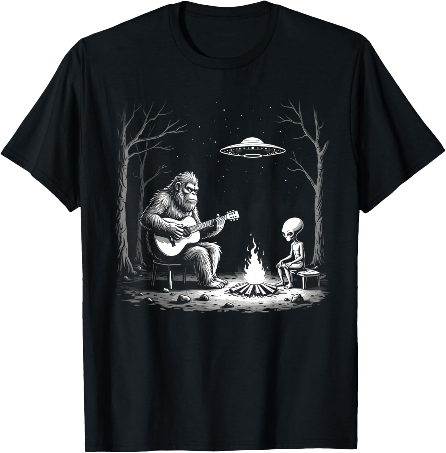 Bigfoot Guitar Campfire Alien Ufo Camping Sasquatch T-Shirt - T-Shirt | Black