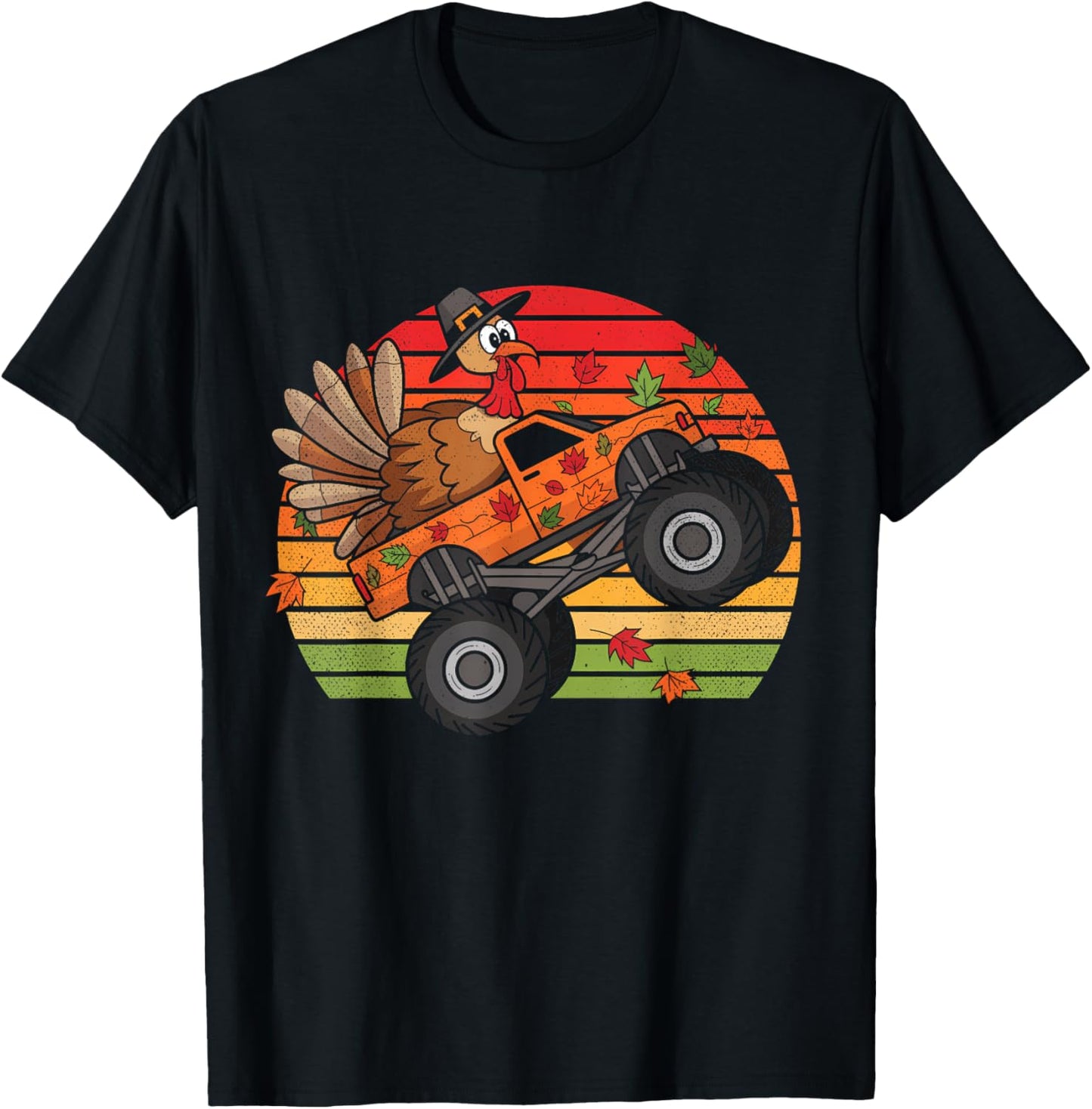Kids Monster Truck Turkey Sunset Retro Thanksgiving Boy Kid T-Shirt - T-Shirt | Black