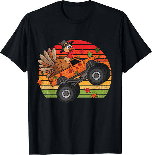 Kids Monster Truck Turkey Sunset Retro Thanksgiving Boy Kid T-Shirt - T-Shirt | Black