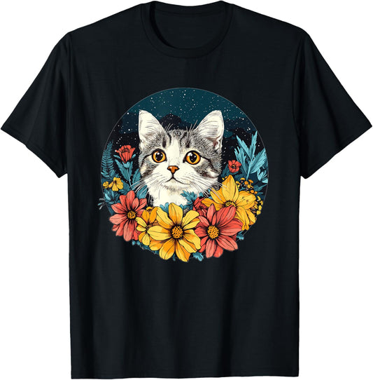 Cute Cat With Flowers Vintage Floral Art T-Shirt - T-Shirt | Black