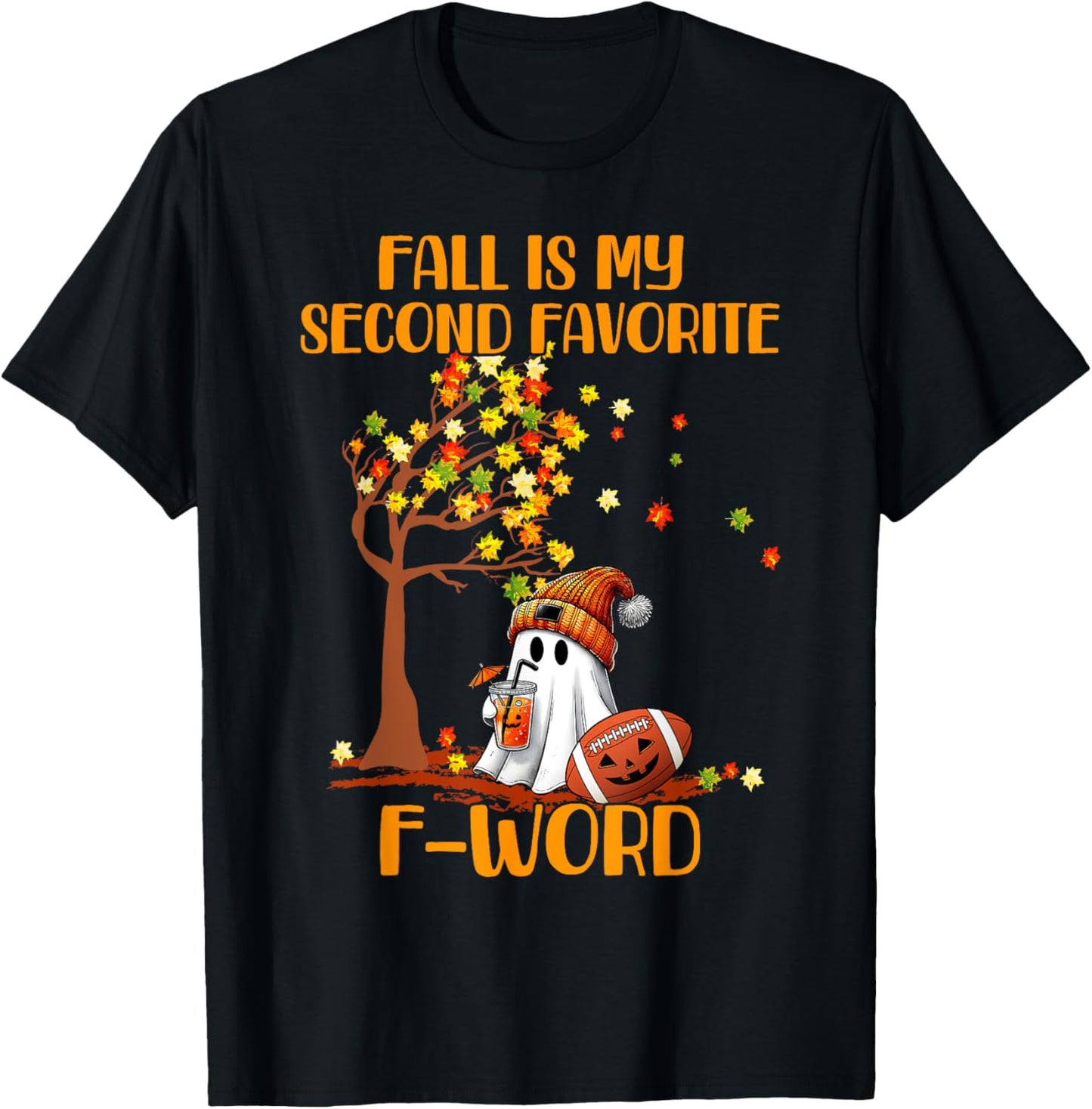 Fall is my second favorite F word cute ghost football Autumn T-Shirt - T-Shirt | Black