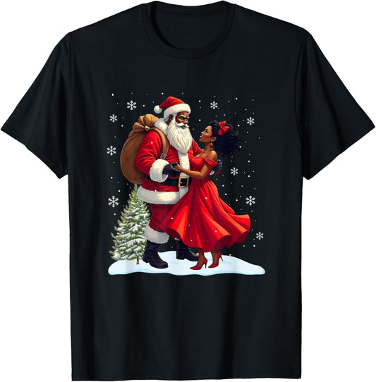 Santa Claus Couple Dancing African American Christmas T-Shirt - T-Shirt | Black