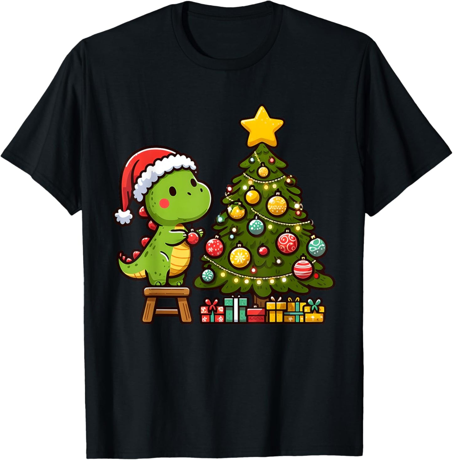 Cute T Rex Dinosaur Decorating Christmas Tree Xmas Holiday T-Shirt - T-Shirt | Black
