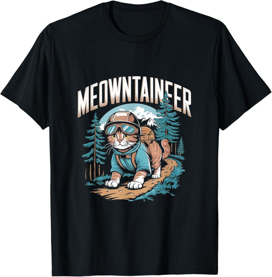 Mountaineer Hiking Pun - Funny Mountain Cat Hiker T-Shirt - T-Shirt | Black
