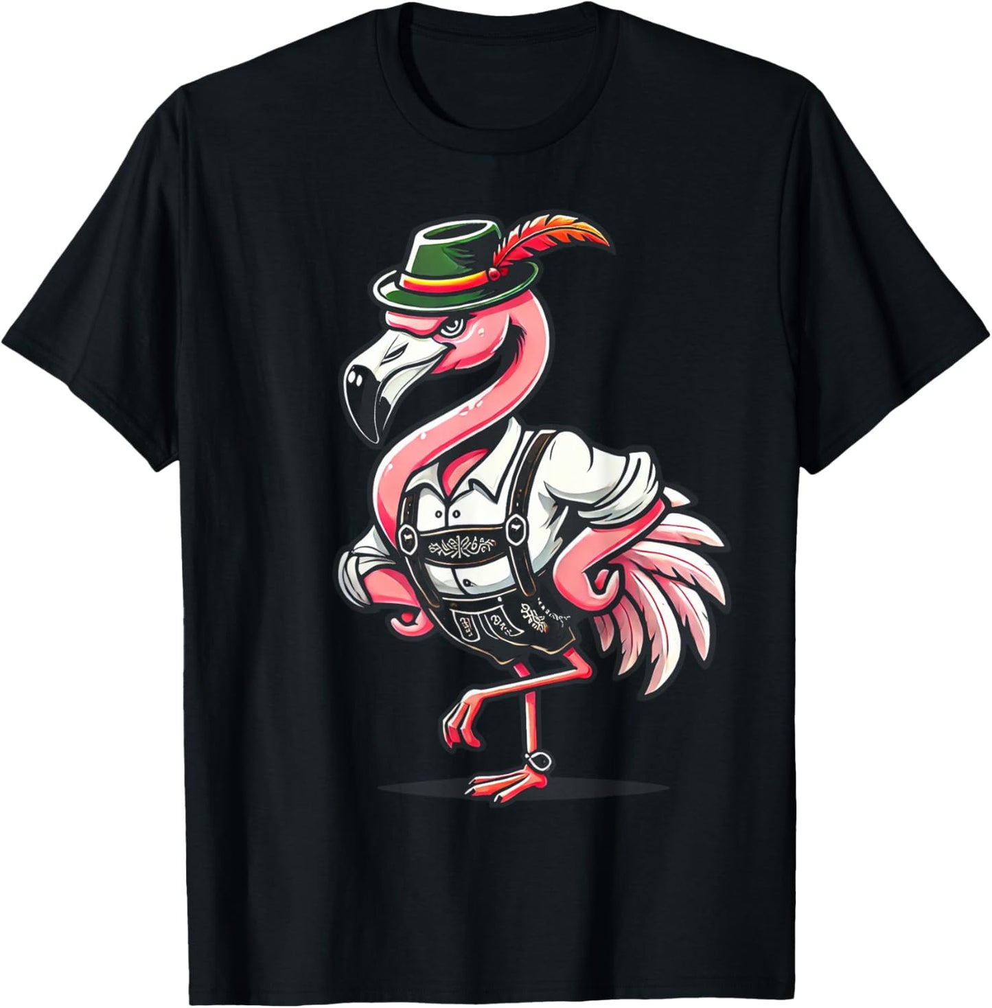 Oktoberfest Flamingo Funny German Bavarian Lederhosen T-Shirt - T-Shirt | Black