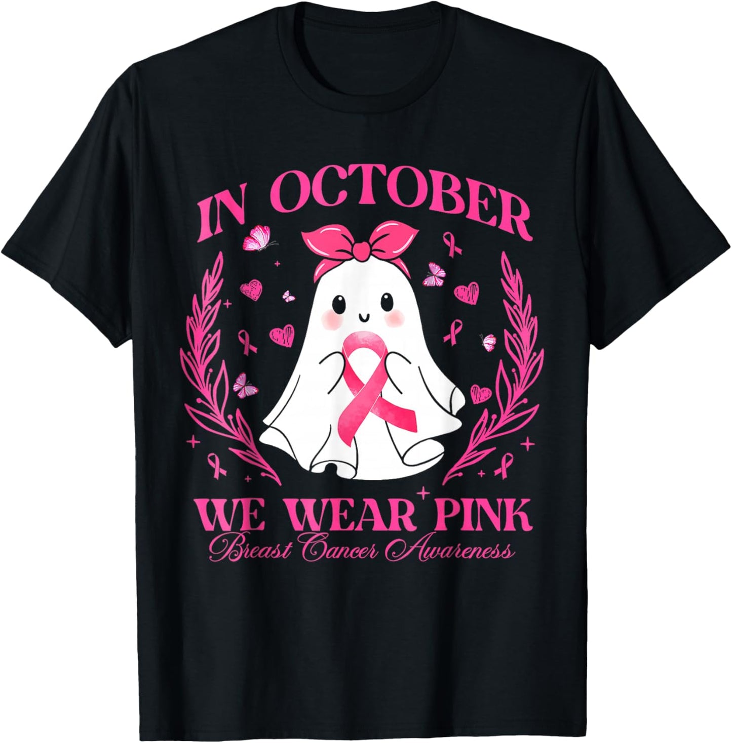 In October We Wear Pink Ghost Witch Breast Cancer Awareness T-Shirt - T-Shirt | Black