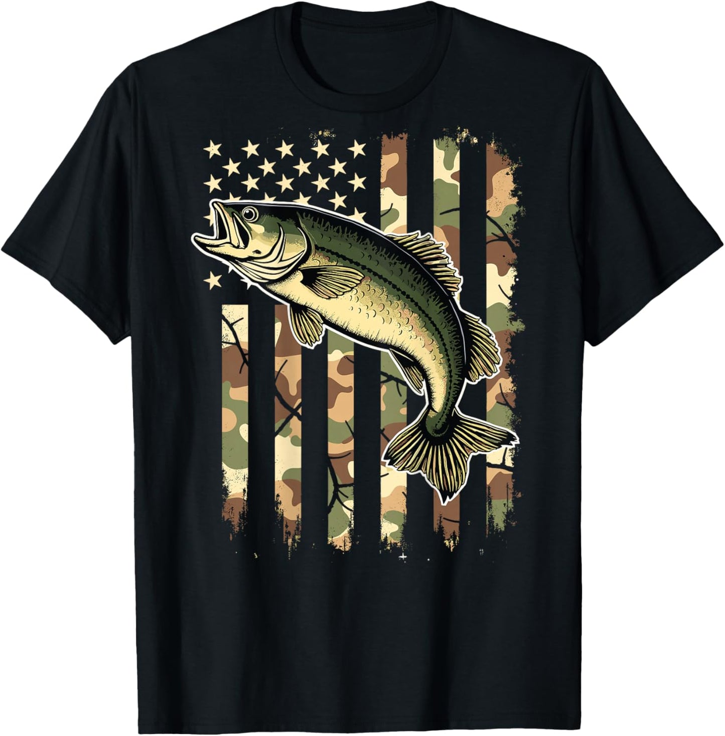 Fishing (on Back) Camouflage USA American Flag Fisherman T-Shirt - T-Shirt | Black