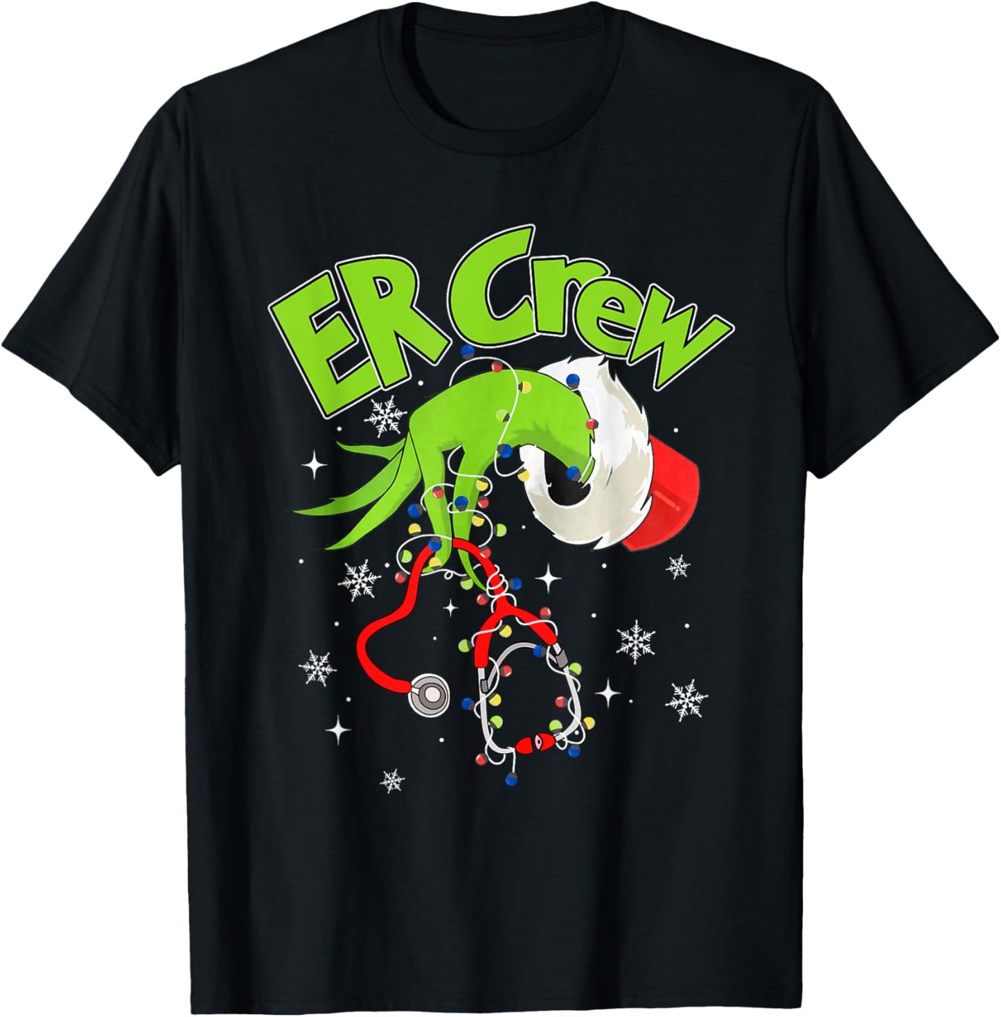 Nurse Christmas Stethoscope ER Crew Xmas Lights Pajamas T-Shirt - T-Shirt | Black