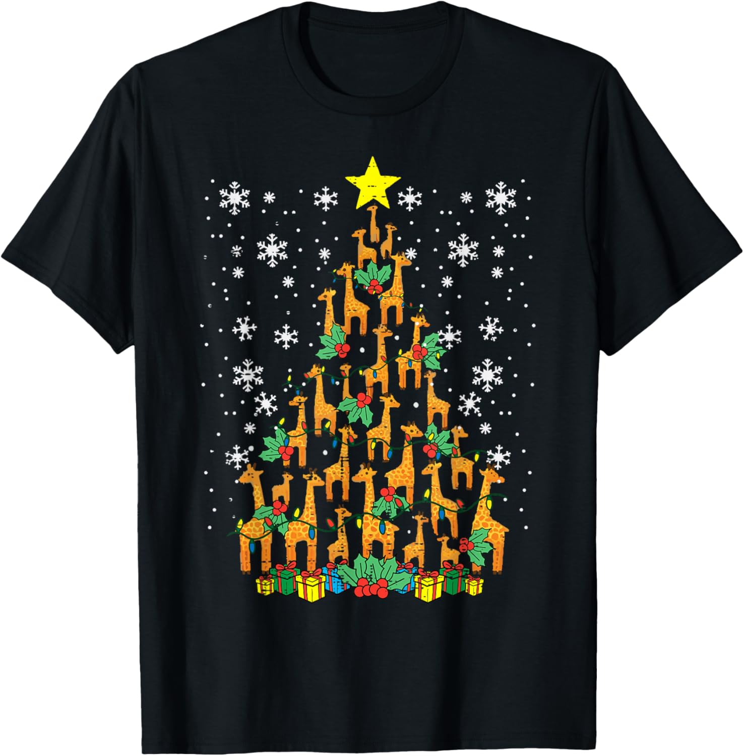 Giraffe Christmas Tree Xmas Zoo Animal Boys Kids Men Women T-Shirt - T-Shirt | Black