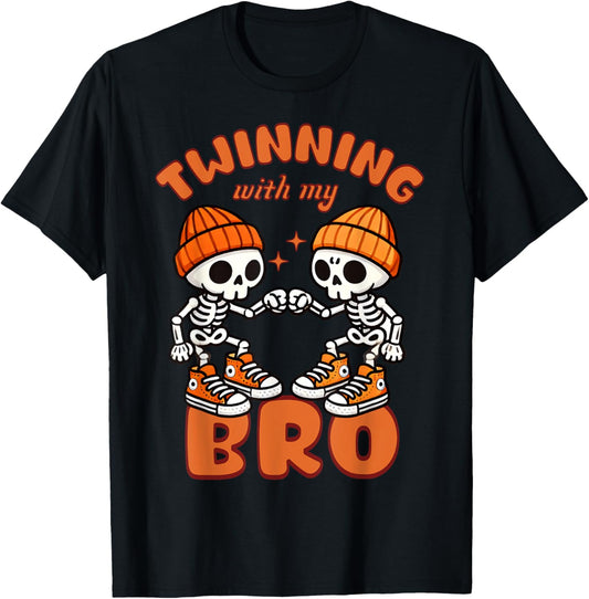 Twin Boys Twinning Halloween Best Friend Matching Skeleton T-Shirt - T-Shirt | Black