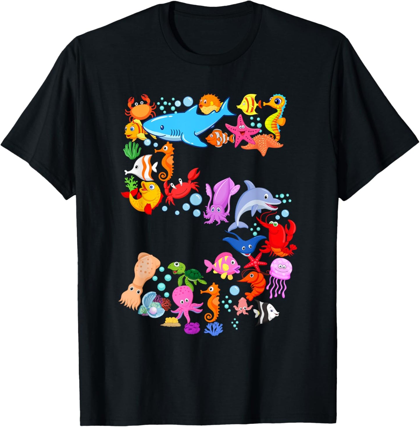 Under Sea 5 Five Year Kids 5th Birthday Party Ocean Animals T-Shirt - T-Shirt | Black