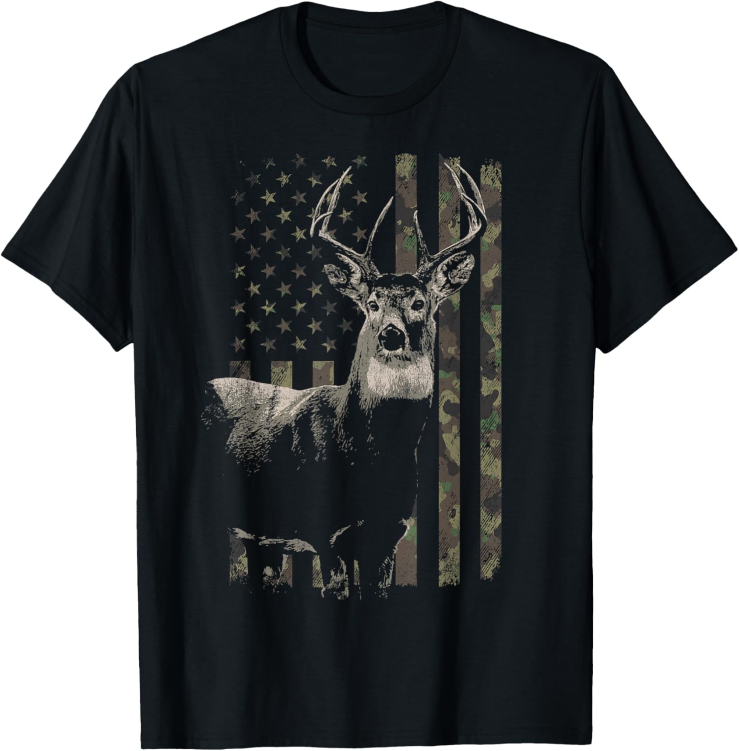 Hunting Camo American Flag Deer T-Shirt - T-Shirt | Black