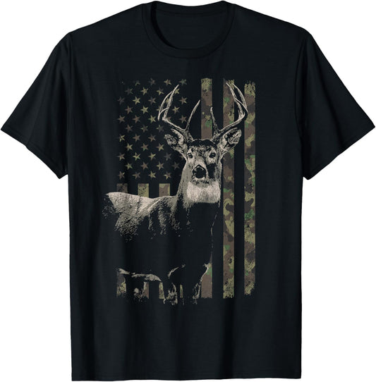 Hunting Camo American Flag Deer T-Shirt - T-Shirt | Black