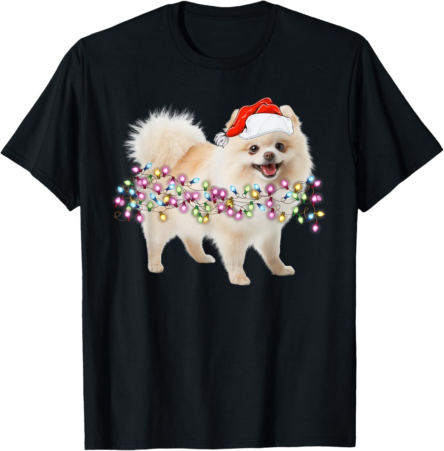 Cute Pomeranian Santa Christmas Tree Lights -Families, Kids, and Cartoon Lovers Black Small Classic Fit Short Sleeve T-Shirt - T-Shirt | Black