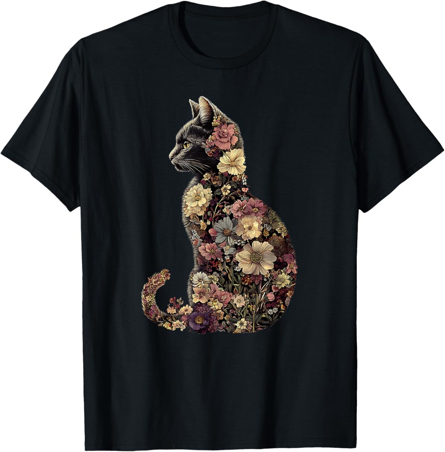 Floral Cat Men Women Girls Kids T-Shirt - T-Shirt | Black
