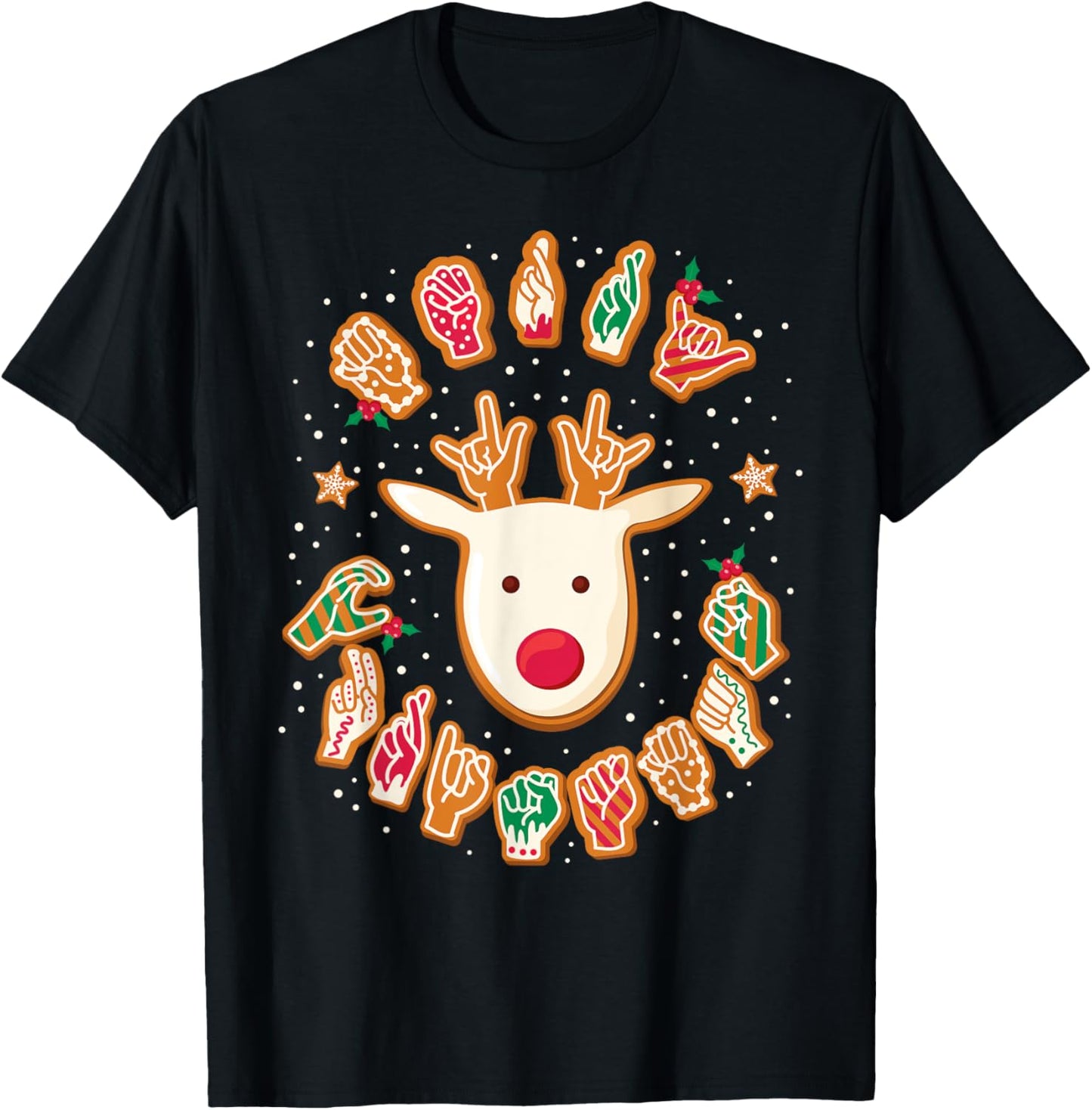 Gingerbread ASL Deaf Signing ASL Christmas - -Adults, -Kids - Black - Small - Short Sleeve - Modern Festive Casual - Reindeer, Gingerbread Hands - Christmas T-Shirt - T-Shirt | Black