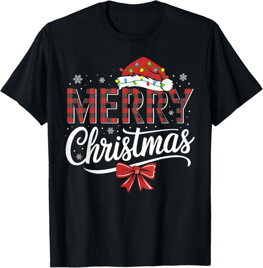 Merry Christmas Buffalo Plaid Red Santa Hat Xmas Pajamas T-Shirt - T-Shirt | Black