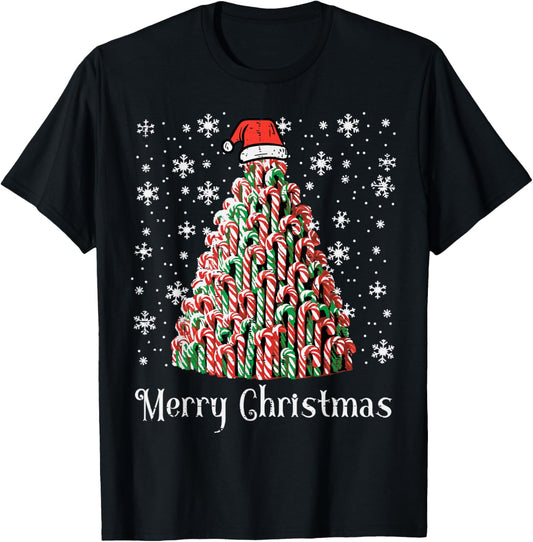 Merry Christmas Candy Cane Tree Xmas Kids Youth Men Women T-Shirt - T-Shirt | Black