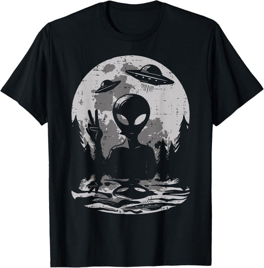 Alien Peace Ufo Moon Space Flying Saucer Men Women Kids Teen T-Shirt - T-Shirt | Black