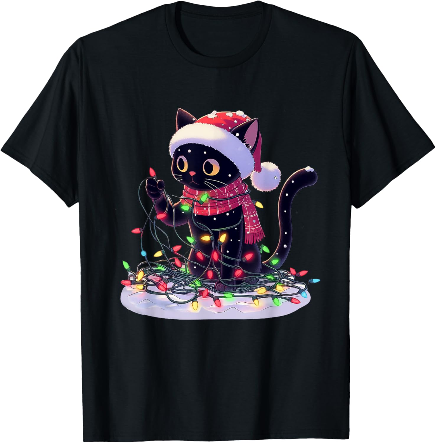 Black Cat Santa Tangled Up In Christmas Tree Lights Holiday T-Shirt - T-Shirt | Black