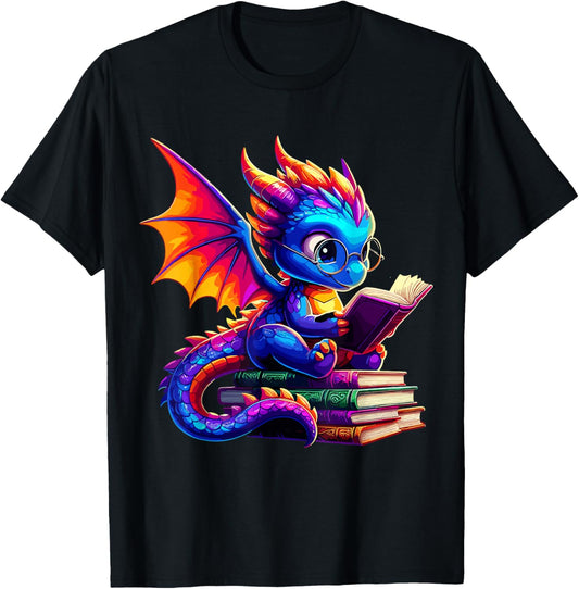 Dragon Reading a Book Bookworm Book Lover T-Shirt - T-Shirt | Black