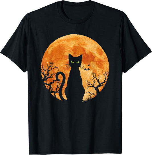 Scary Halloween Cat Costume Retro Cat Moon Vintage Gifts Women Kids T-Shirt - T-Shirt | Black
