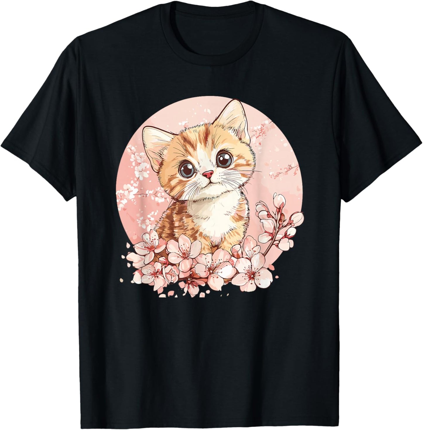 Cute Kitten Surrounded By Cherry Blossoms T-Shirt - T-Shirt | Black