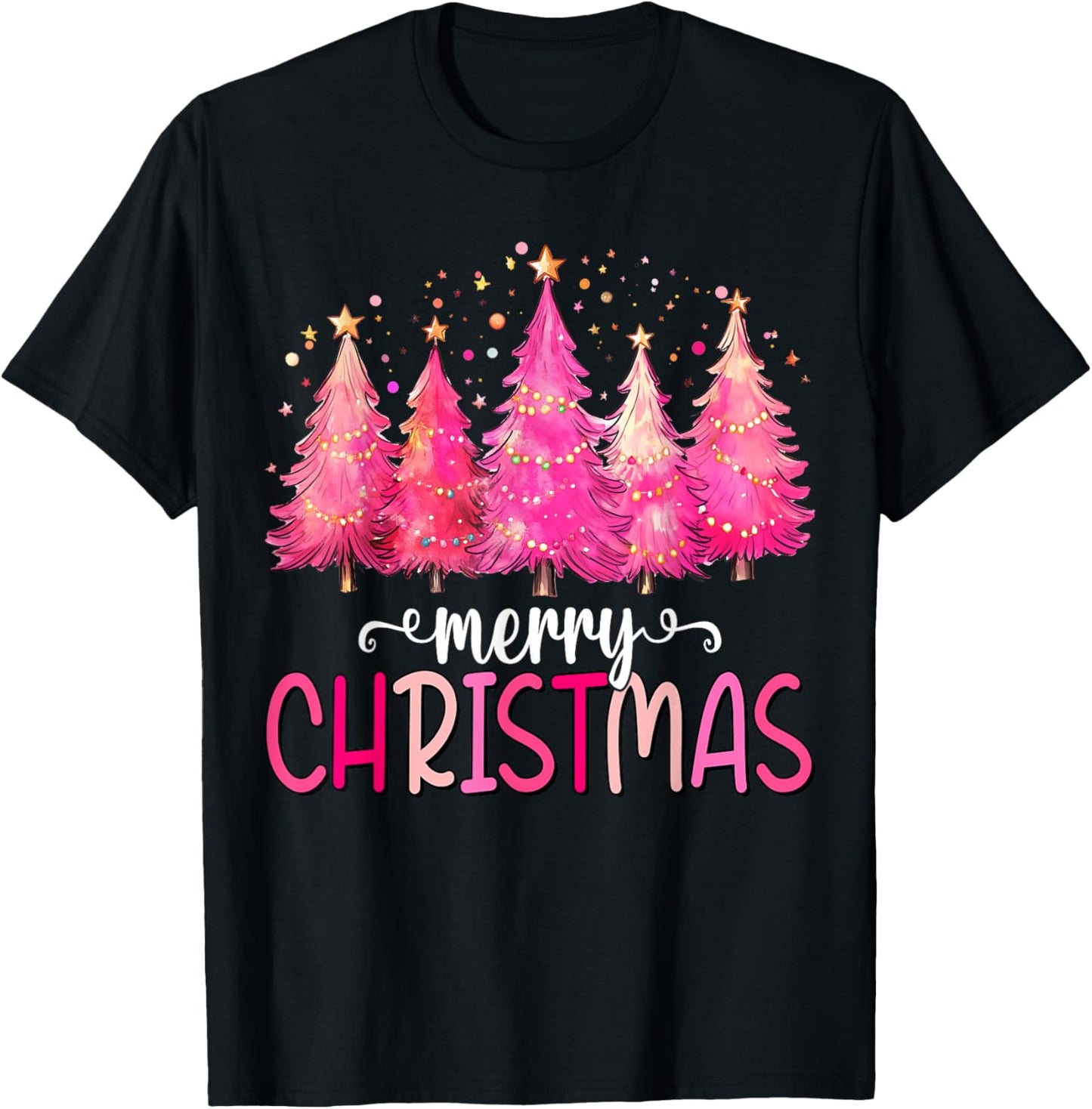 Merry and Bright Pink Christmas Tree Pink Christmas Tree T-Shirt - T-Shirt | Black