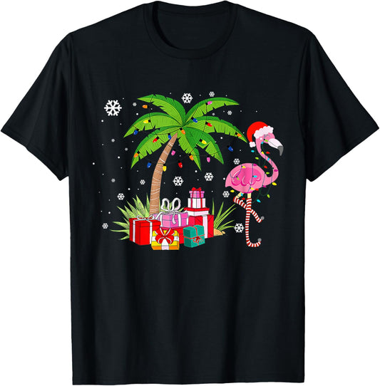 Pink Flamingo Christmas Palm Tree Tropical Xmas Funny T-Shirt - T-Shirt | Black
