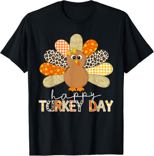 Happy Turkey Day Cute Turkey Thanksgiving Shirts Women Kids T-Shirt - T-Shirt | Black