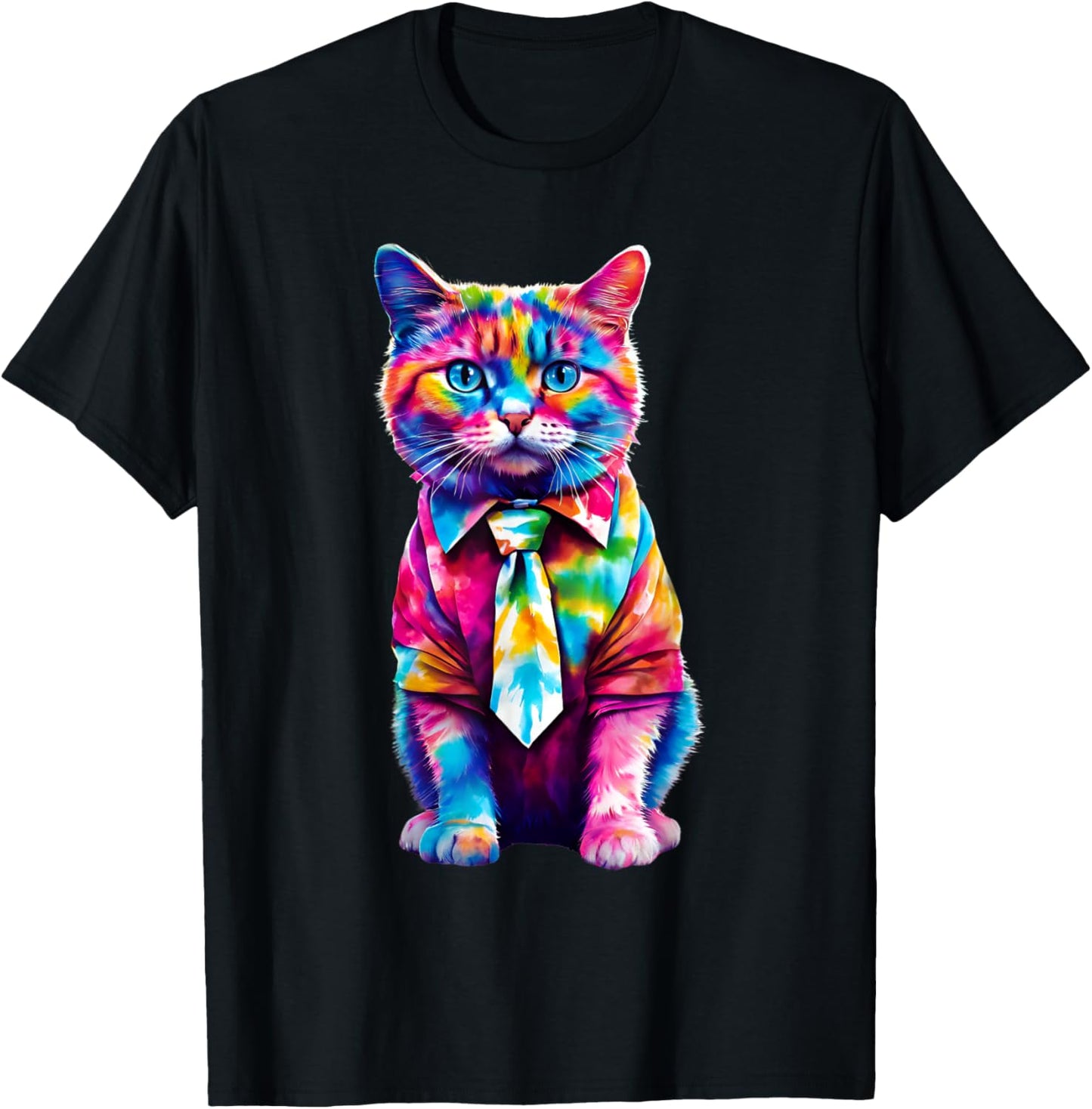 Colorful Rainbow Cat in Tie Dye Cute Funny Cat Lover Women Girls Kids T-Shirt - T-Shirt | Black