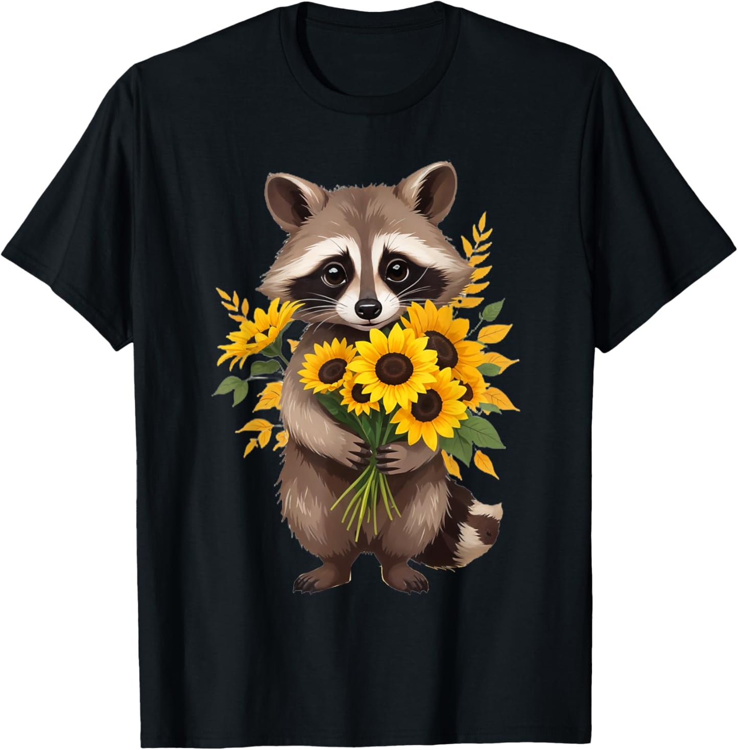 Raccoon Holding Sunflower Cute Flower Mothers Day T-Shirt - T-Shirt | Black