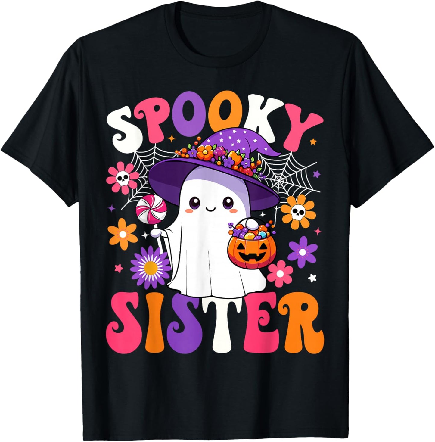 Groovy Spooky Sister Halloween Ghost Pumpkin Halloween Sis T-Shirt - T-Shirt | Black