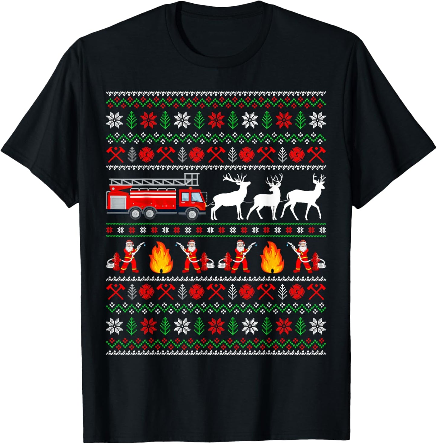 Fire Truck Reindeer Santa Ugly Sweater Firefighter Christmas T-Shirt - T-Shirt | Black