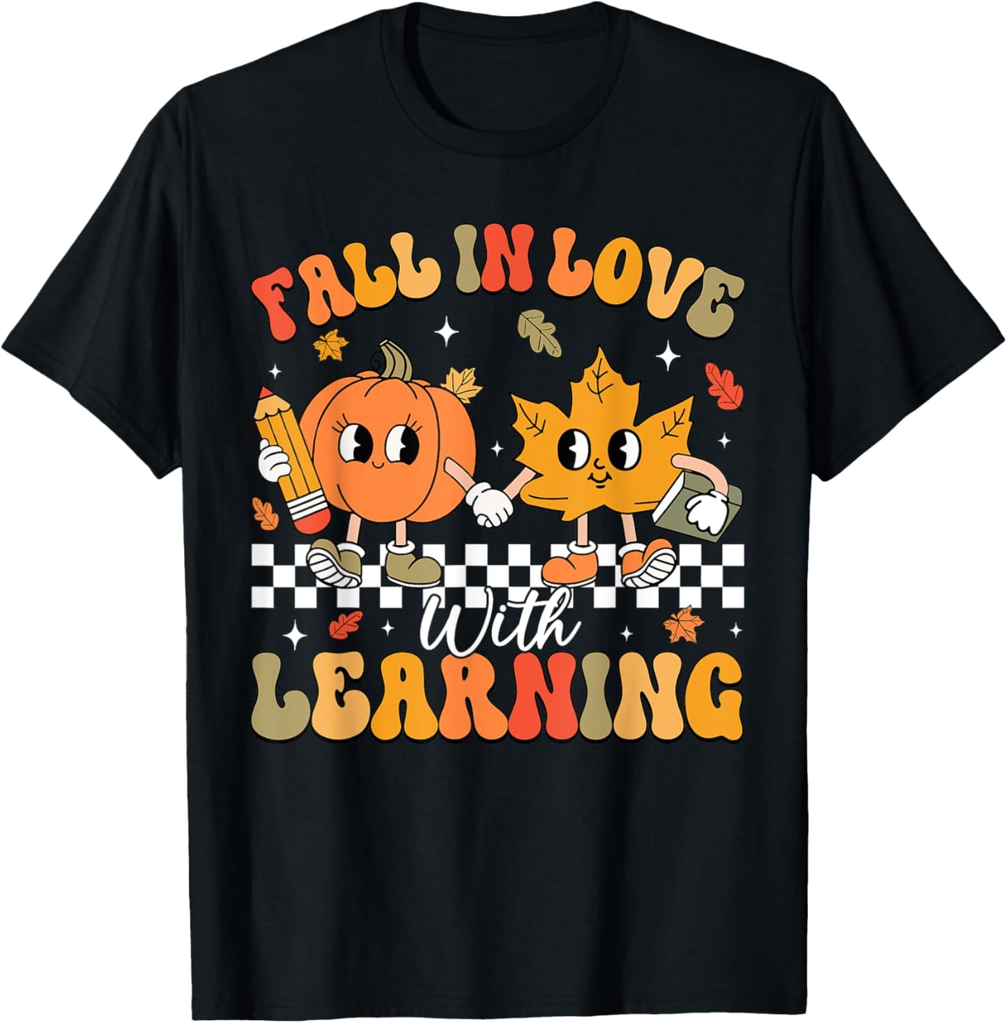 Retro Fall In Love With Learning Autumn Pumpkin Teacher T-Shirt - T-Shirt | Black