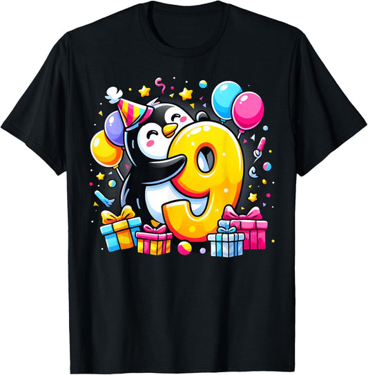 Kids Penguin Theme ninth Bday Party 9th Penguin Birthday T-Shirt - T-Shirt | Black