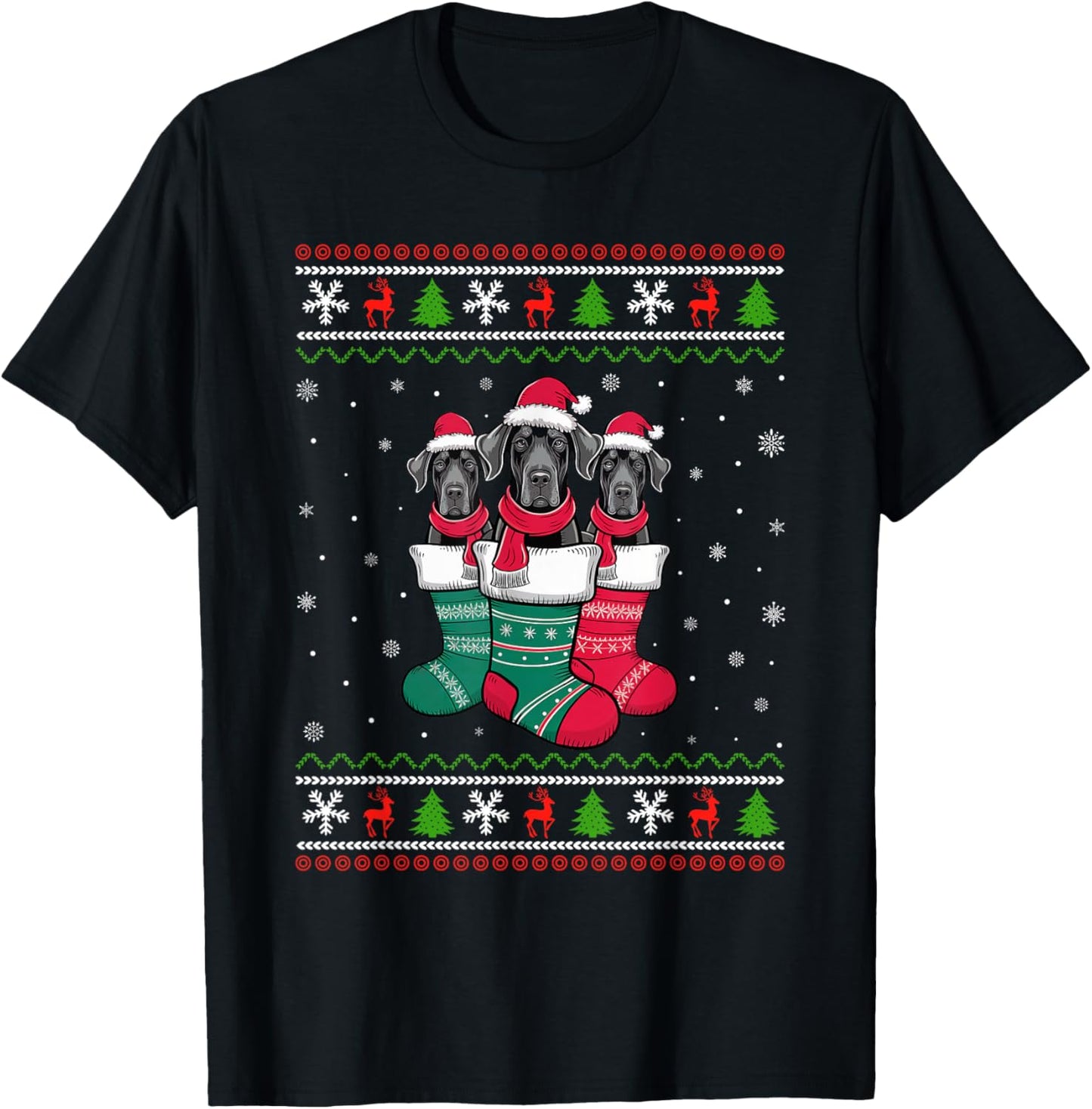 Ugly Xmas Sweater Great Dane Dog In Christmas Socks T-Shirt - T-Shirt | Black