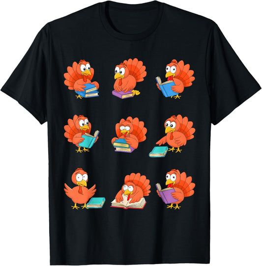 Cute Turkeys Reading Books Thanksgiving Books Lovers T-Shirt - T-Shirt | Black