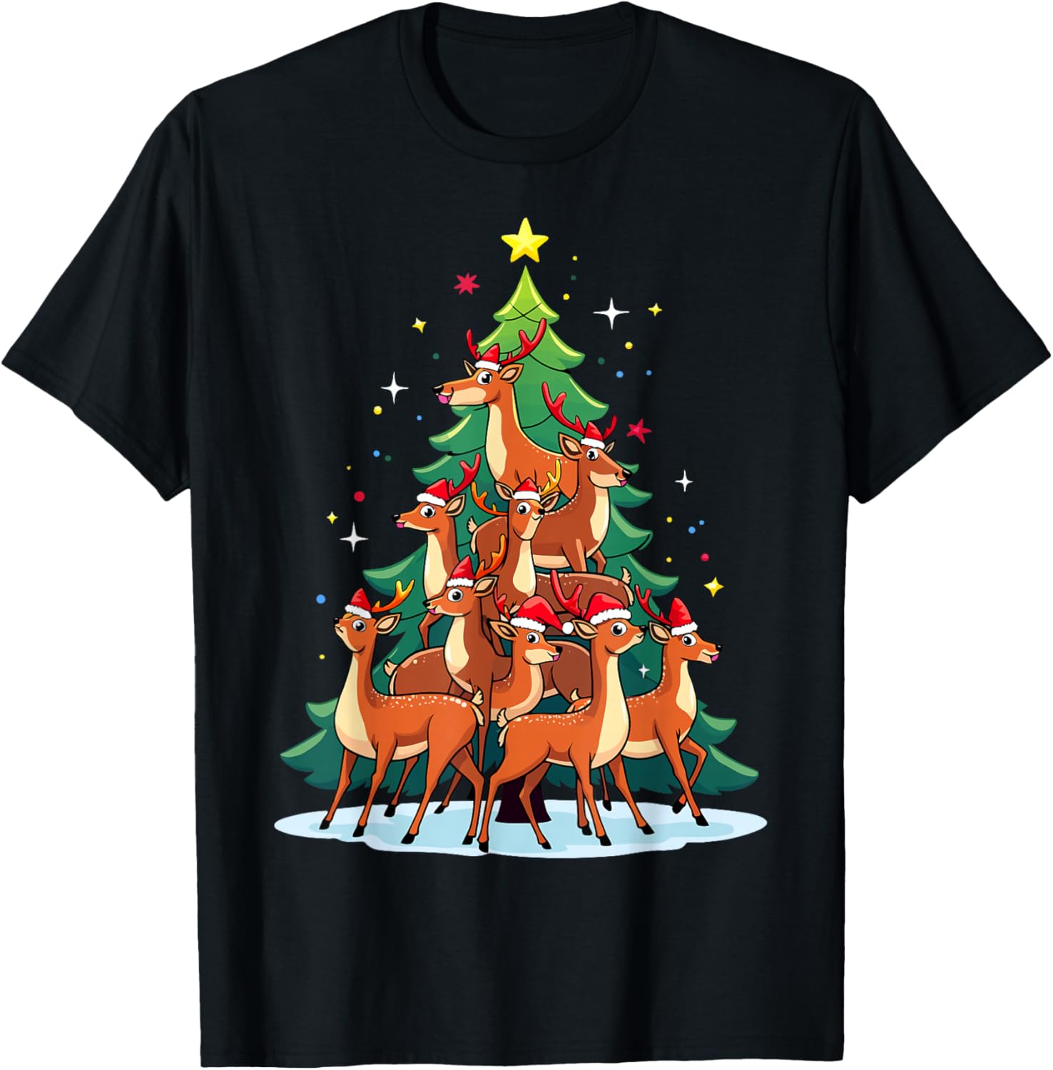 Deer Christmas Tree Funny Bambi Holiday Cute Deer T-Shirt - T-Shirt | Black
